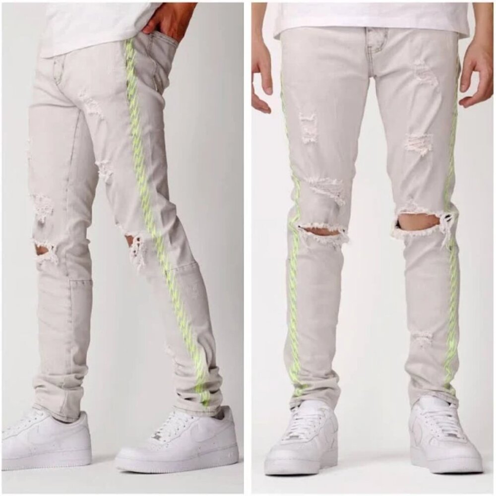KDNK Neon Embroidered Distressed Mens 34W Jeans